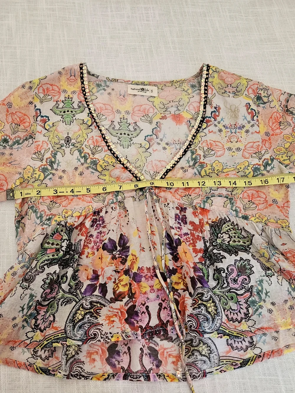 Natural Life Boho Floral Paisley Peplum Blouse S Cotton V-Neck Sequin Trim Bell - Picture 11 of 15